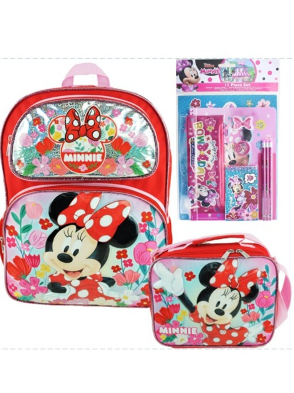 Disney Minnie Mouse Happy Bow 16 In Backpack  w/Lunch Box & Bonus Stationery Set